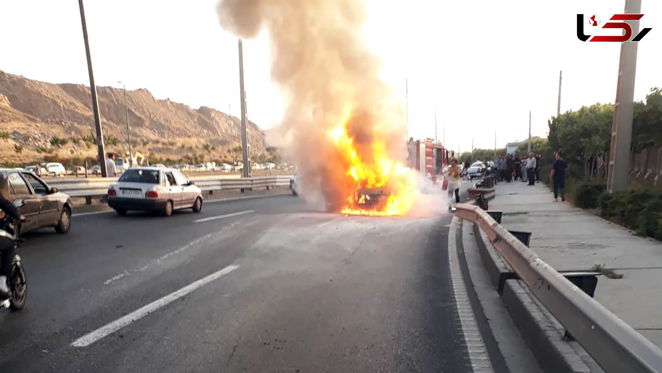آتش گرفتن پژو وسط بزرگراه یادگار امام تهران + عکس